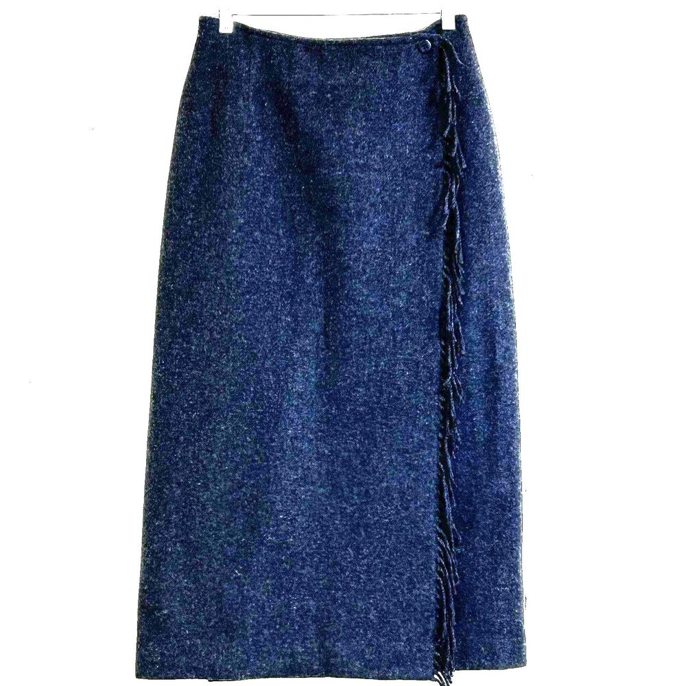 TALBOTS Women's Maxi Skirt Size 10 Gray Wool Wrap Skirt Fringe Side Lined Office